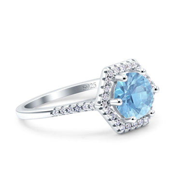 Art Deco Hexagon Wedding Bridal Ring Round Simulated Aquamarine CZ 925 Sterling Silver